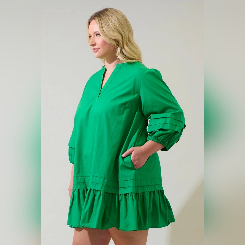 Sugarlips Curve Velma Balloon Sleeve Ruffle Shift Dress: Green: Size- 2X - Picture 2 of 14